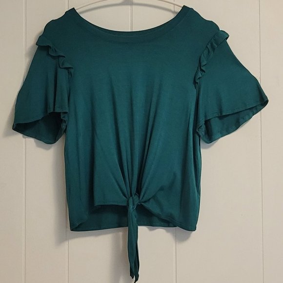 Hunter green soft short sleeve tie up front crop to blouse Sz: S - Picture 2 of 2